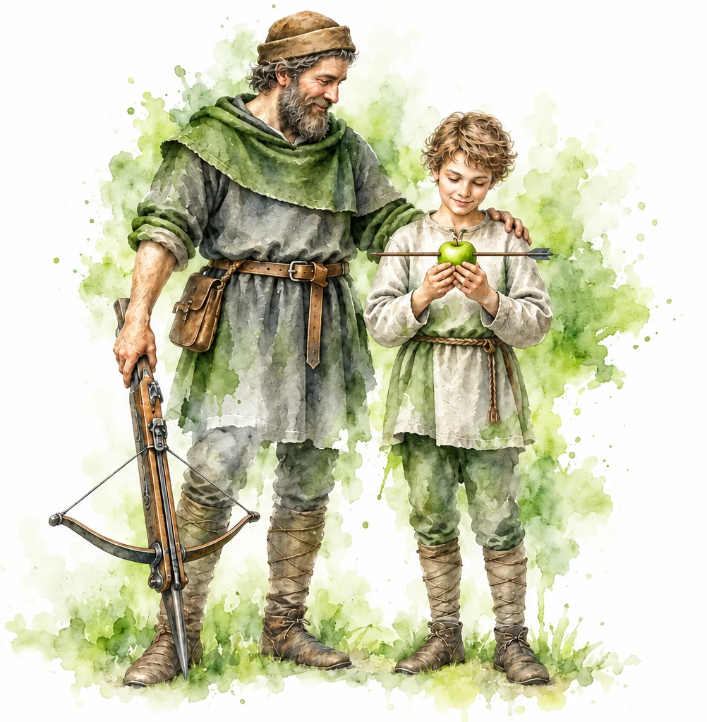 Aquarel van Willem Tell en zijn zoon na het geslaagde schot, met kruisboog en doorboorde appel